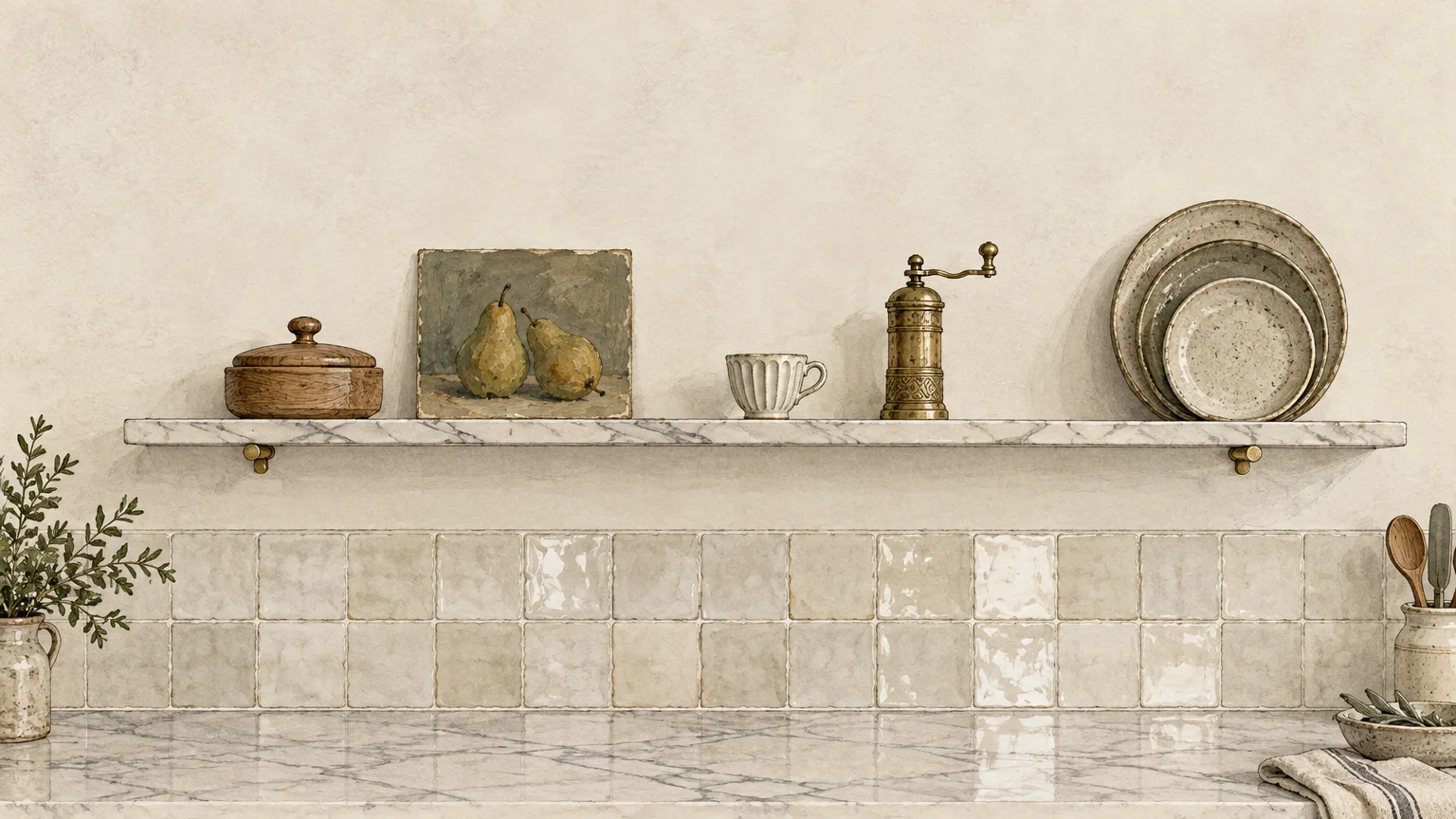 Illustration of a marble shelf over tiled backsplash holding a pear painting, ceramic plates, a cup, and a brass grinder.