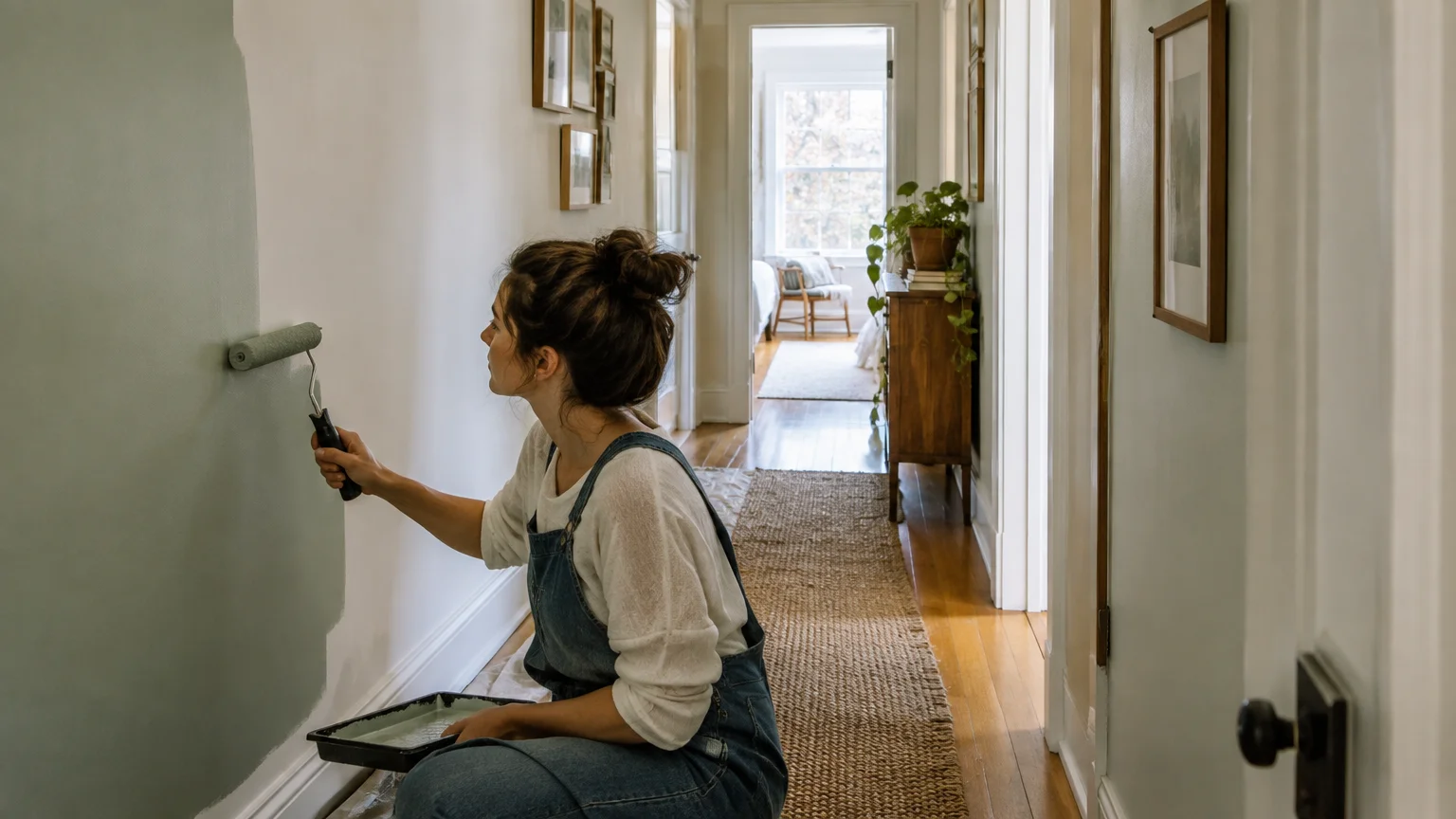 A woman kneeling in a narrow hallway paints a white wall with pale sage green paint using a roller.