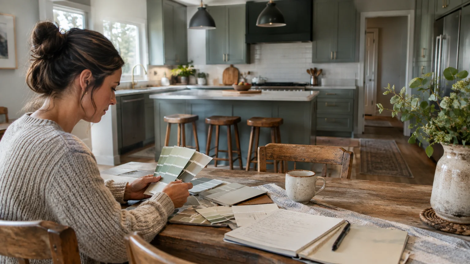 A woman sitting at a rustic dining table reviews paint swatches in front of an open kitchen with sage green cabinets.