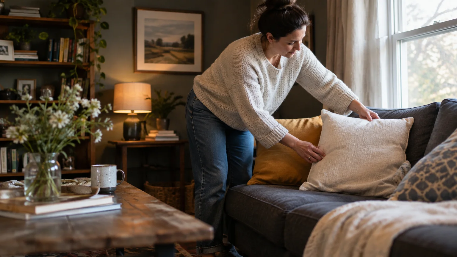 A woman arranges throw pillows on a dark gray couch in a cozy living room with a table lamp and bookshelf.