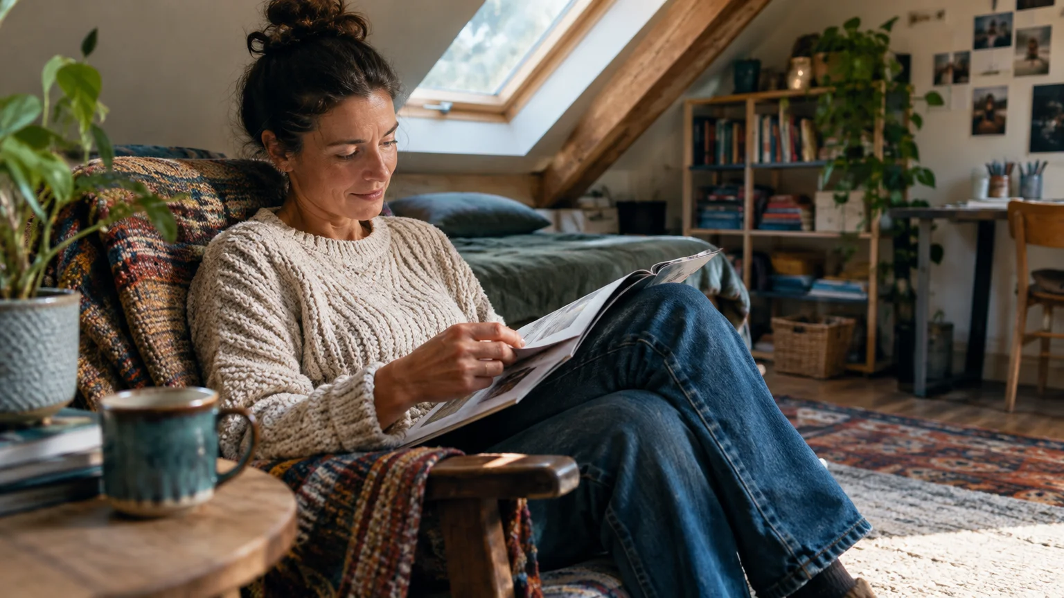 A woman sitting in an armchair reading a magazine inside a cozy attic bedroom with sloped skylight windows.