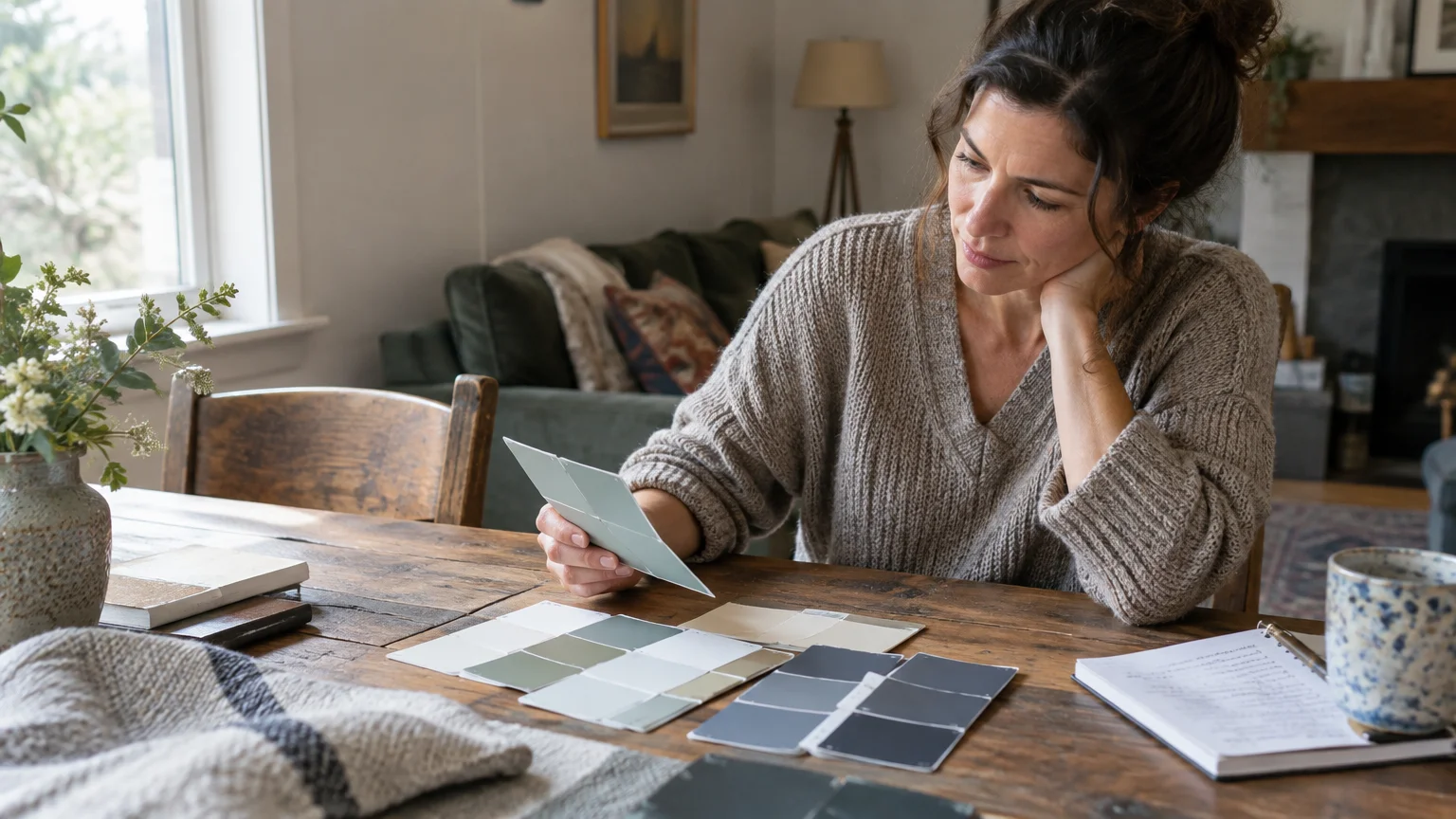 A woman sitting at a rustic wooden table reviewing paint color swatches in a cozy living room.