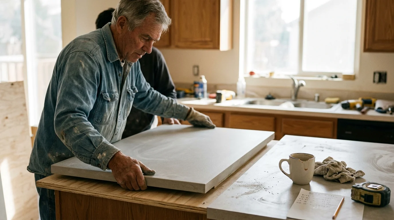 A man in a denim shirt installs a thick grey countertop slab onto wooden cabinets during a kitchen remodel.
