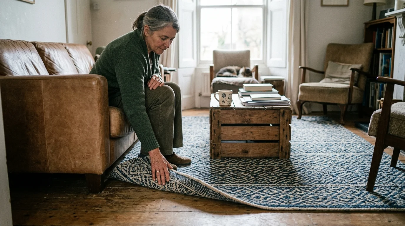 A woman adjusts a blue patterned area rug beneath the front legs of a brown leather sofa in a living room.