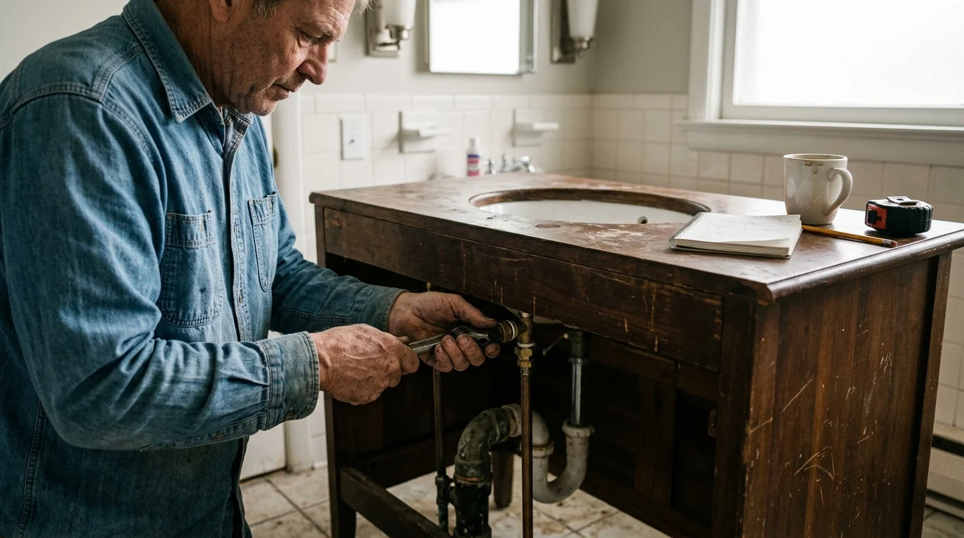 A man uses a wrench to connect pipes beneath a vintage wooden sink vanity in a bathroom.