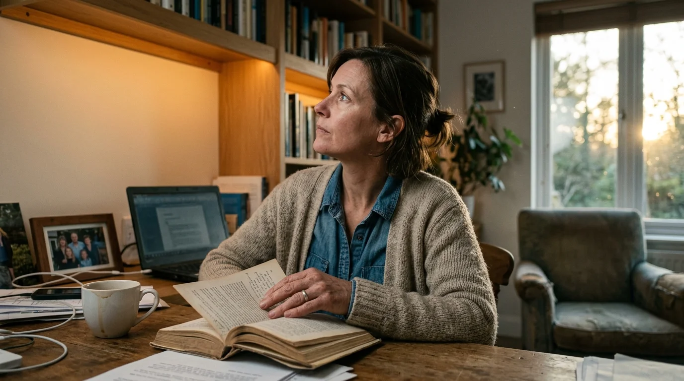 A woman sitting at a wooden desk with an open book, laptop, and warm concealed shelf lighting in a home study.