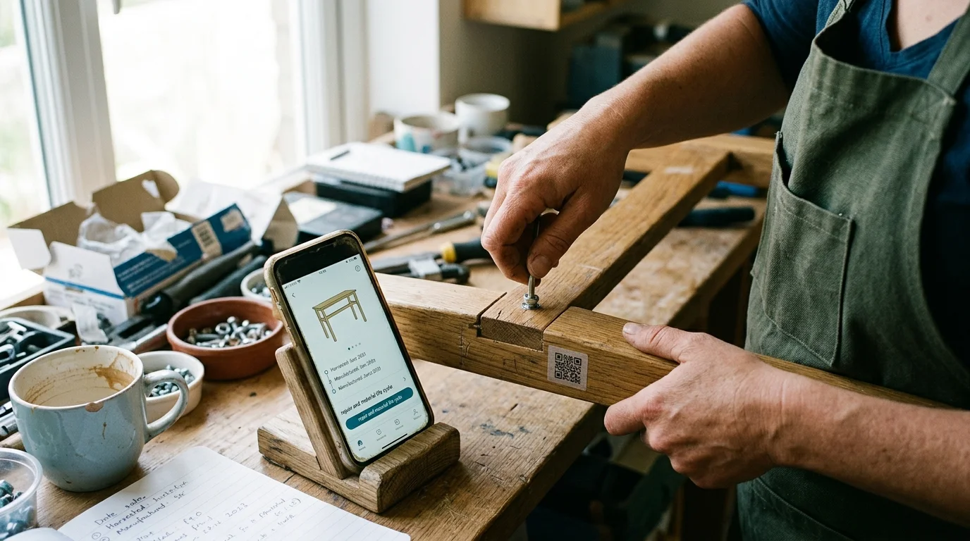 A woodworker assembles a wooden furniture frame beside a smartphone displaying digital product details and a QR code tag.