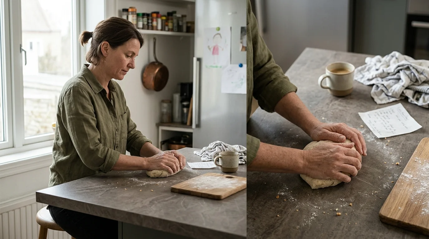 Split view of a woman kneading dough directly on a dark matte kitchen island next to a coffee mug and recipe note.
