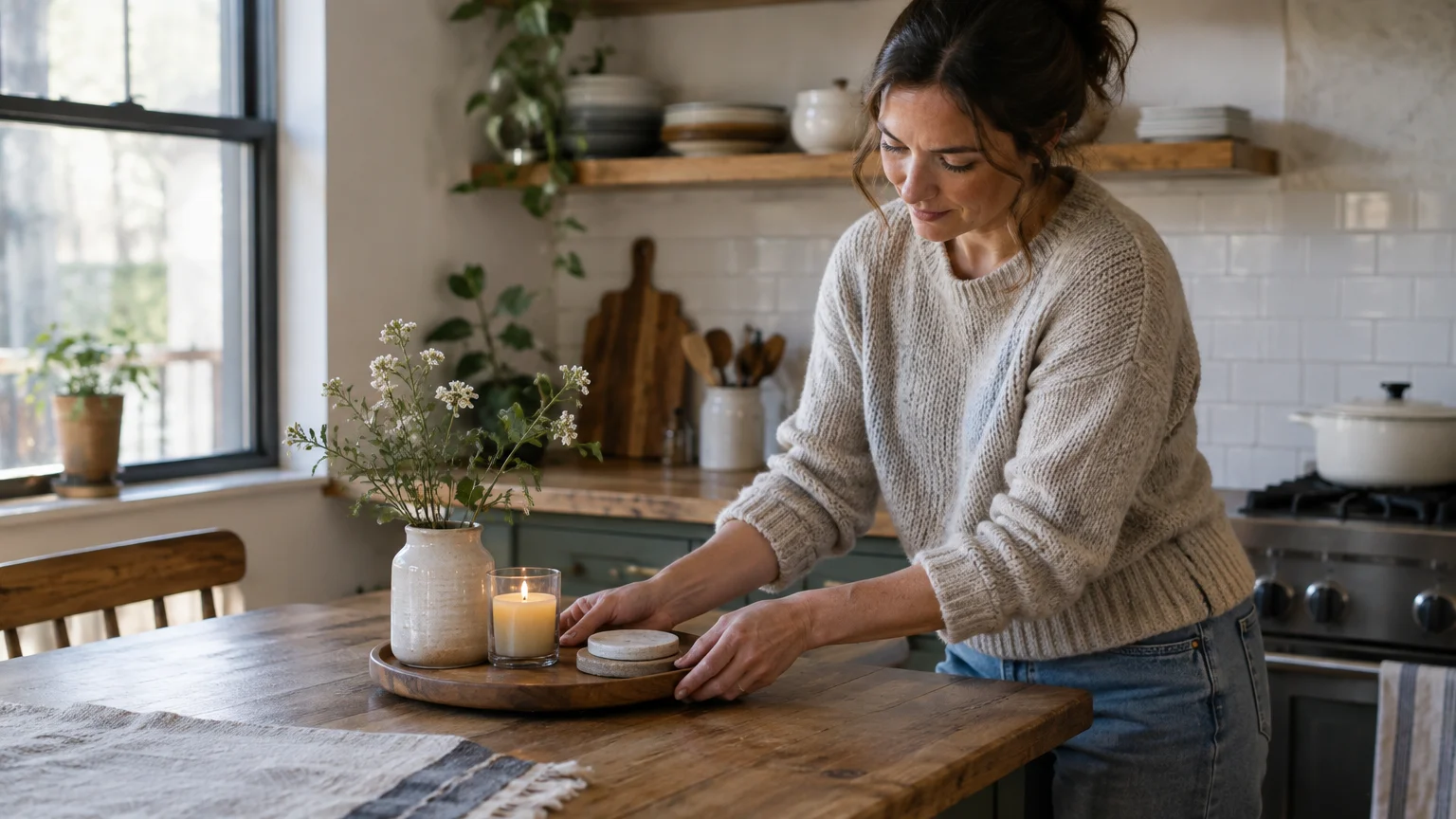 A smiling woman sets a wooden tray holding a candle, vase, and coasters onto a rustic kitchen table.