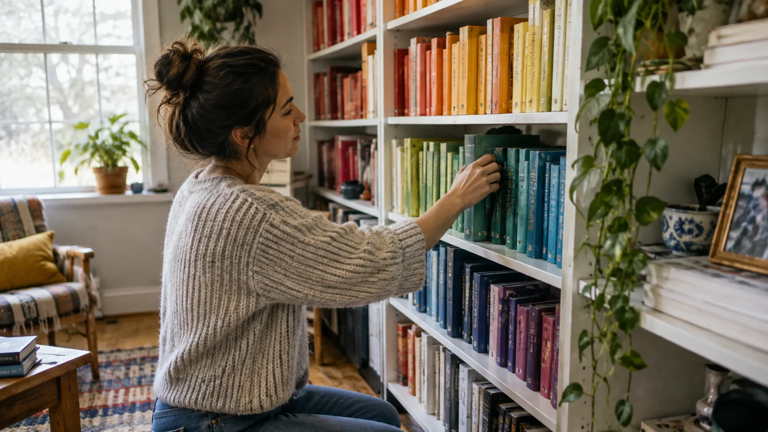 A woman organizes books arranged by color on white open bookshelves in a sunlit living room.
