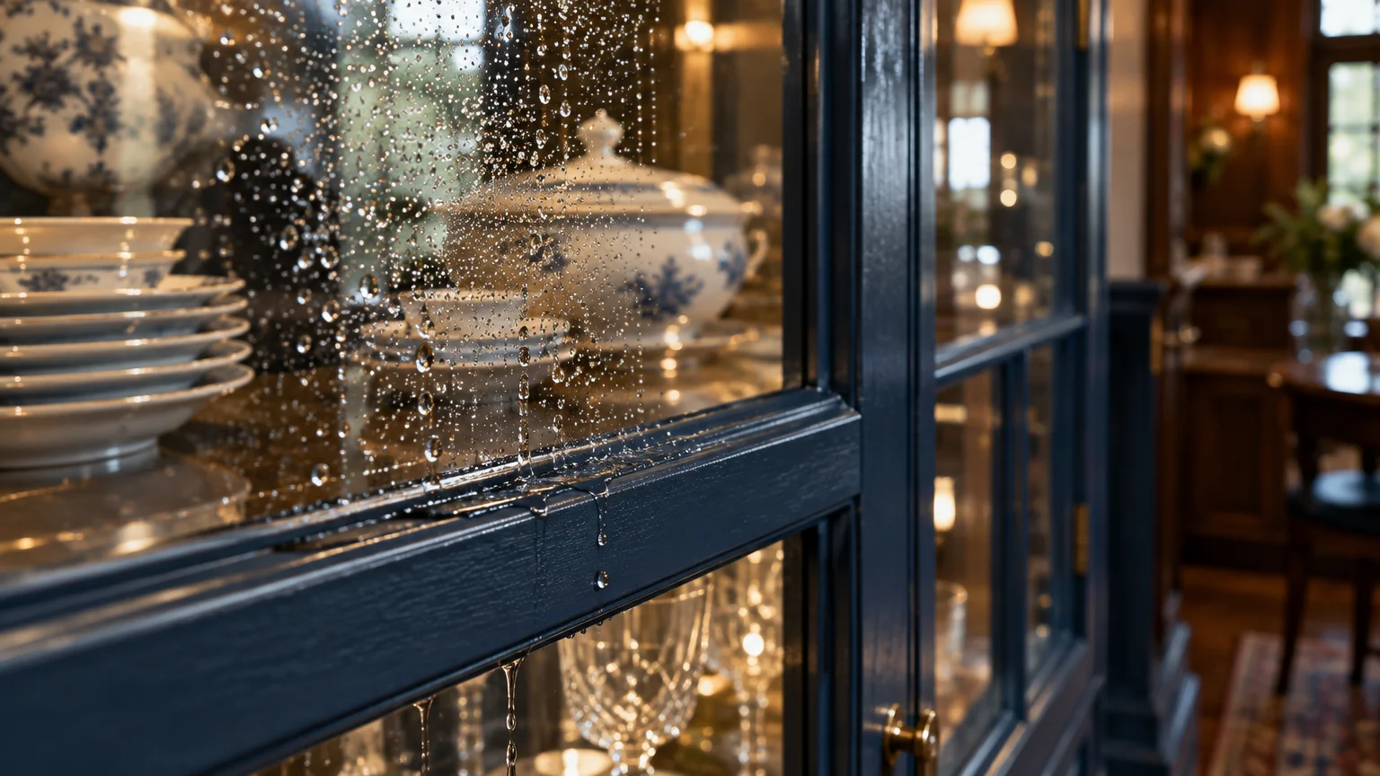 Liquid droplets dripping down the glass door of a dark blue painted display cabinet filled with fine china.
