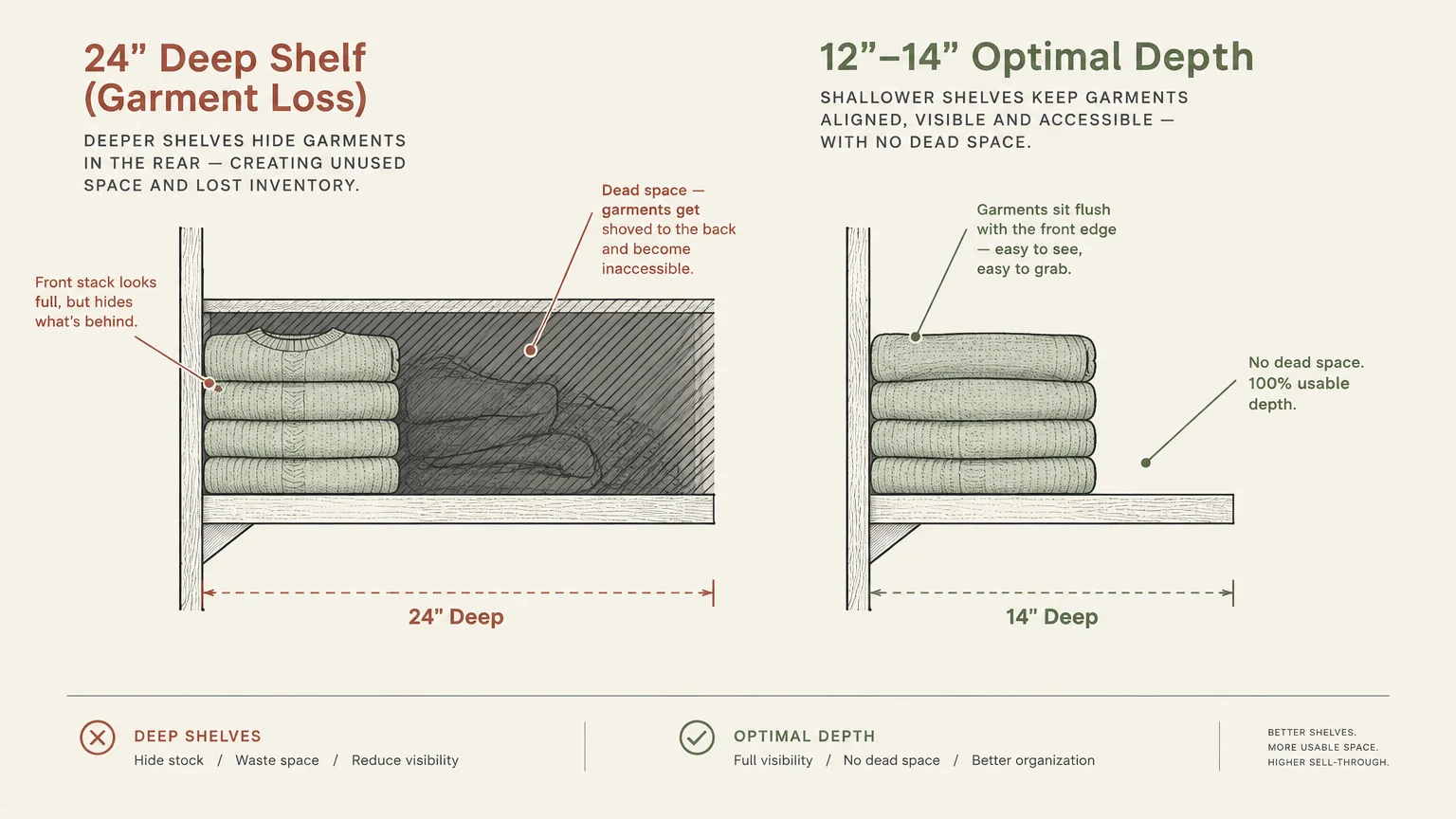 Diagram comparing garment loss on a 24-inch deep shelf against visible folded clothes on a 14-inch optimal depth shelf.