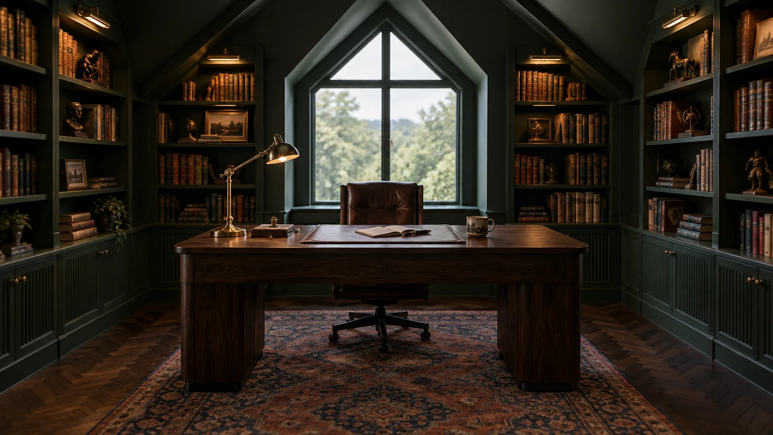 Dark green attic study featuring a wooden desk, leather chair, oriental rug, and built-in bookshelves framing a window.