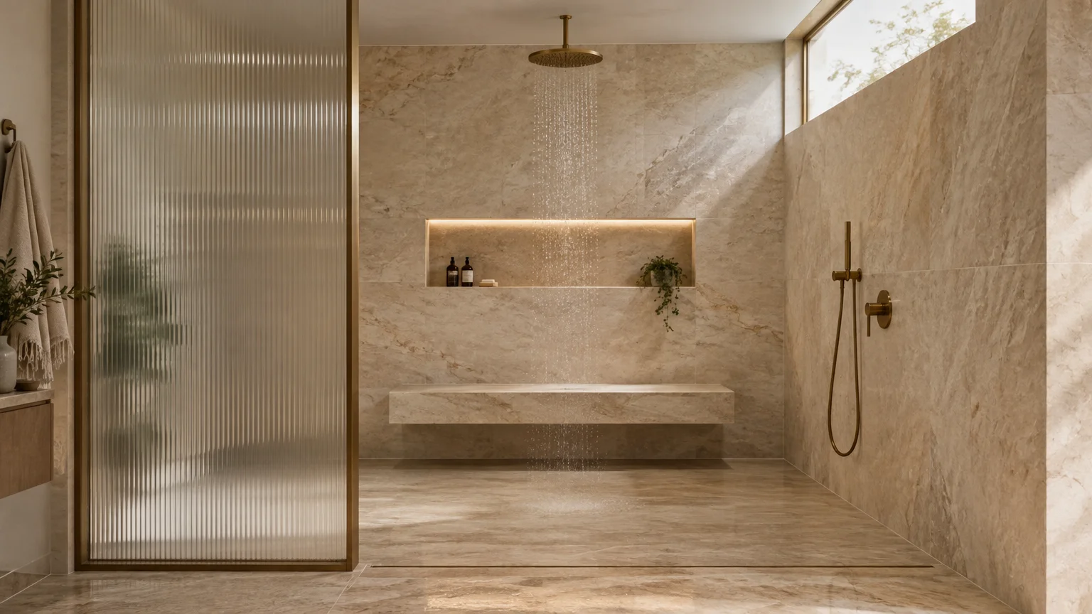 Spacious walk-in shower with beige marble walls, fluted glass divider, brass rainfall showerhead, and floating stone bench.