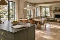 Open-concept kitchen island overlooking a light-wood dining table and a living room with fireplace and large windows.