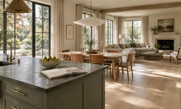 Open-concept kitchen island overlooking a light-wood dining table and a living room with fireplace and large windows.