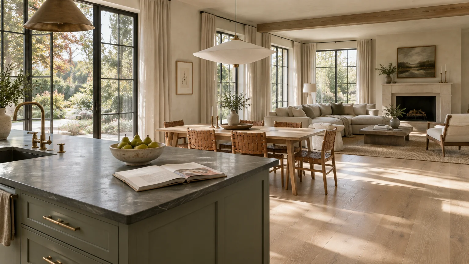 Open-concept kitchen island overlooking a light-wood dining table and a living room with fireplace and large windows.