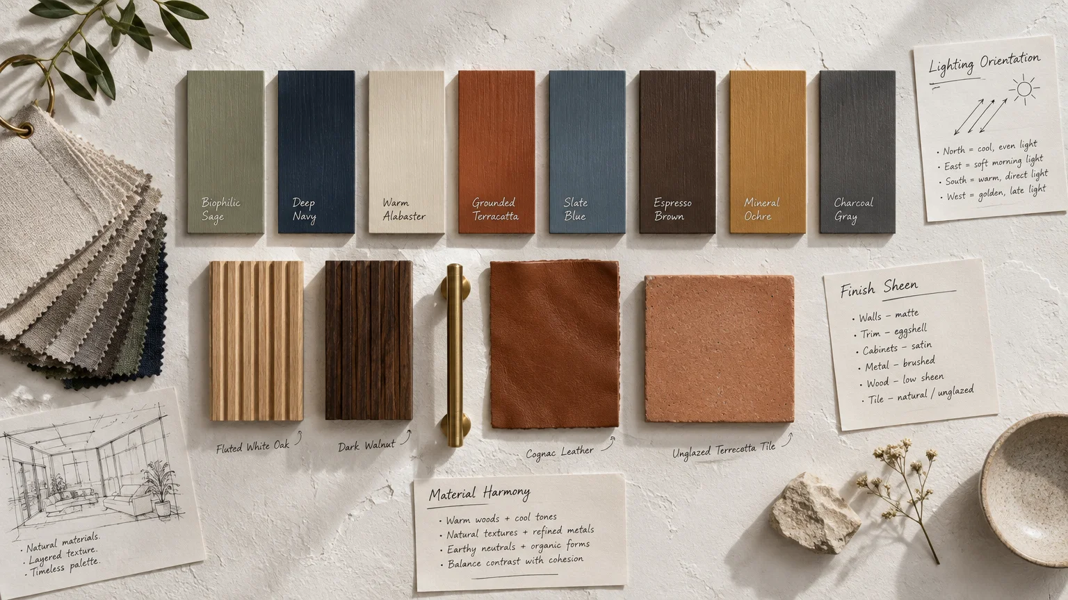 Mood board flat lay featuring eight paint swatches, wood and leather material samples, fabric swatches, and design notes.