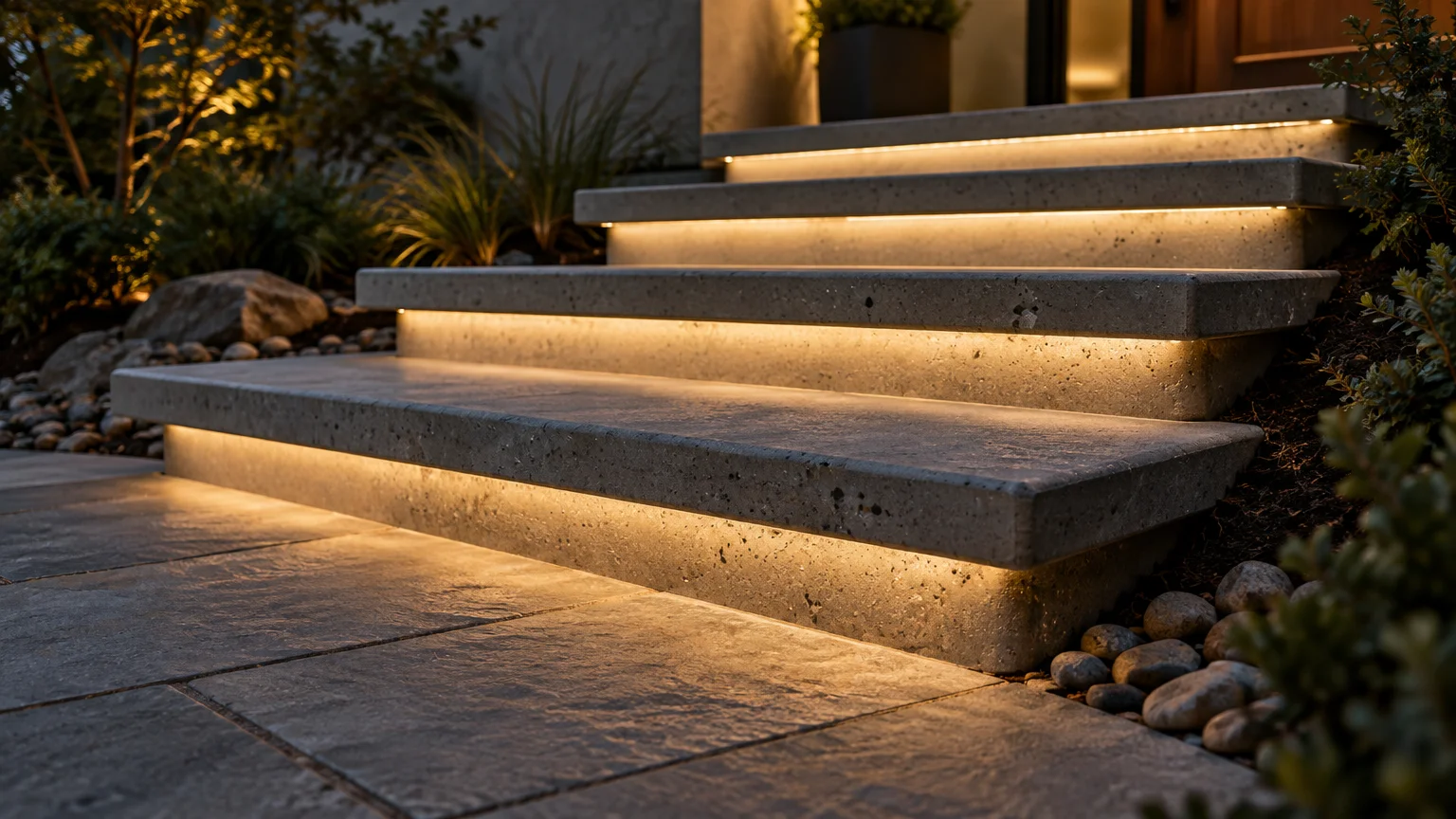 Modern concrete outdoor steps illuminated at dusk by warm LED strip lights recessed underneath each stone tread.
