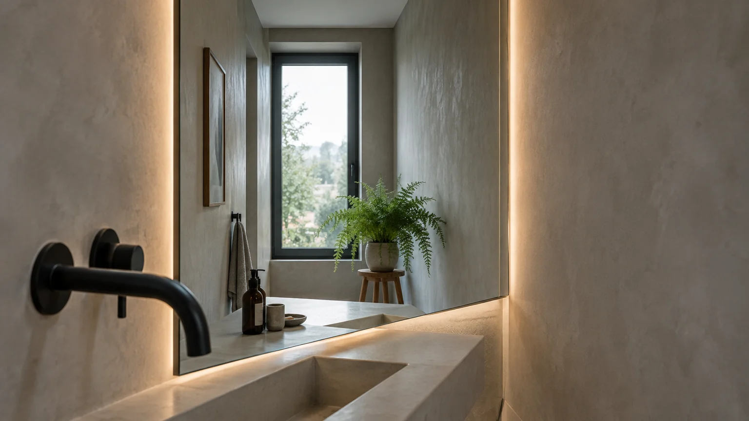 Backlit vanity mirror above a concrete sink reflecting a window, framed art, and a potted fern on a stool.