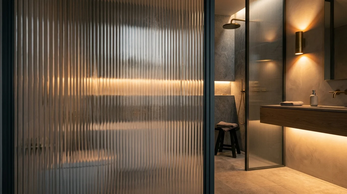 Modern bathroom with a vertical fluted glass partition, warm wall sconce lighting, and a floating vanity.
