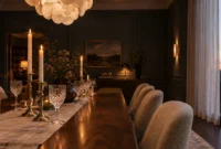 Candlelit formal dining room with a long wood table, upholstered chairs, dark paneled walls, and evening window views.