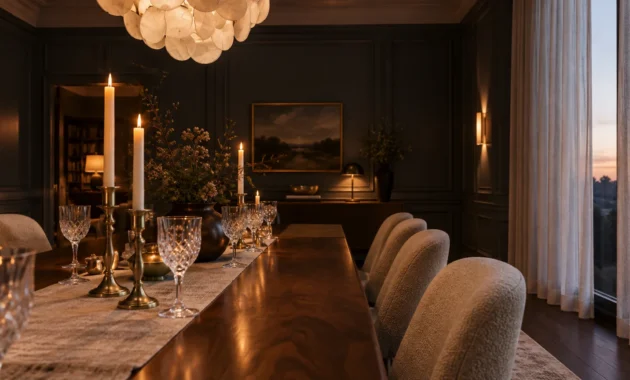 Candlelit formal dining room with a long wood table, upholstered chairs, dark paneled walls, and evening window views.