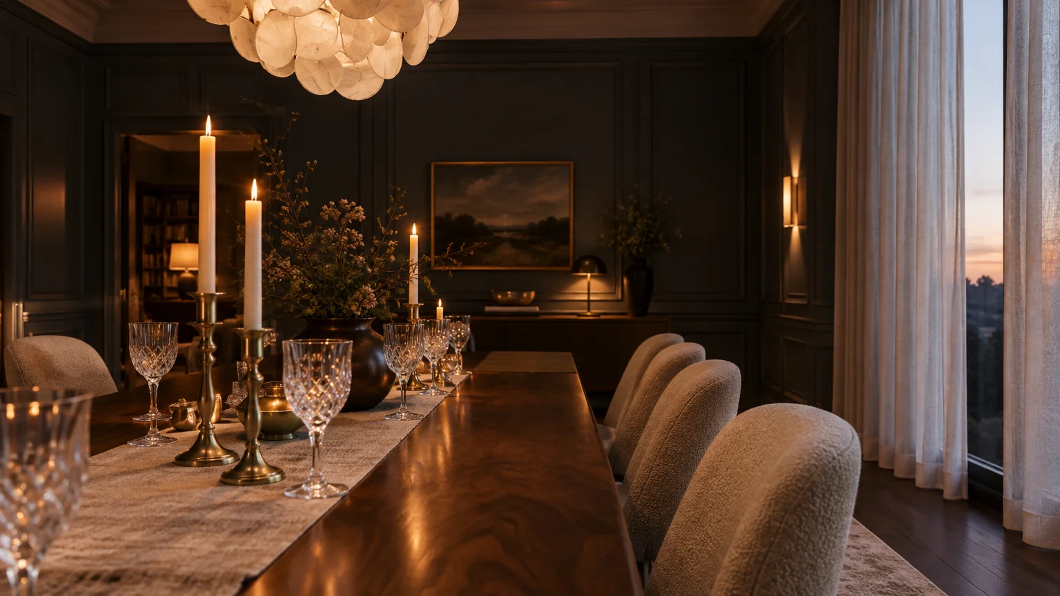 Candlelit formal dining room with a long wood table, upholstered chairs, dark paneled walls, and evening window views.