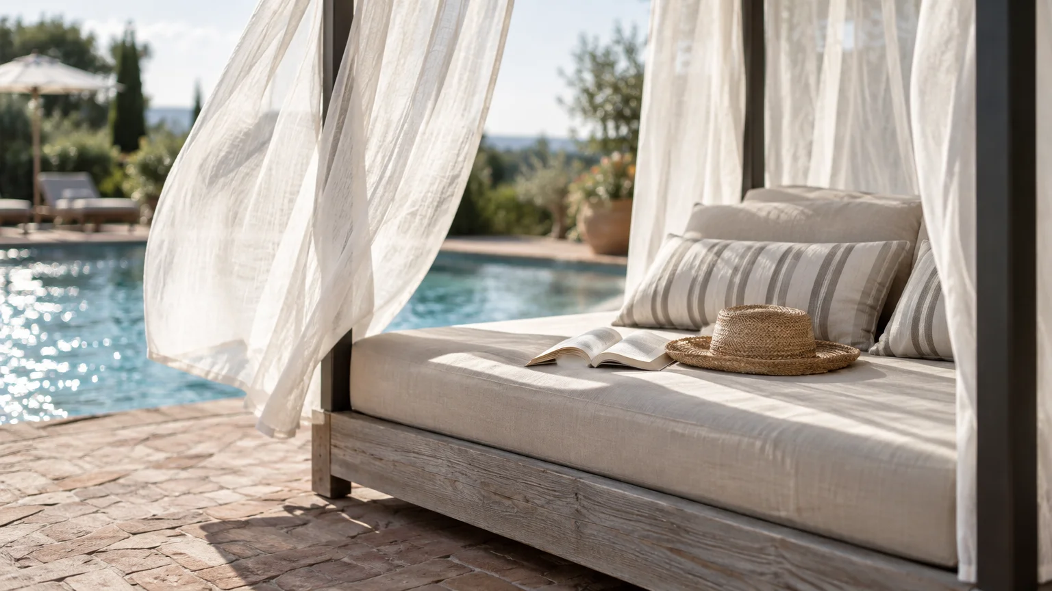 Freestanding poolside cabana daybed with sheer white curtains, cushions, an open book, and a straw hat.