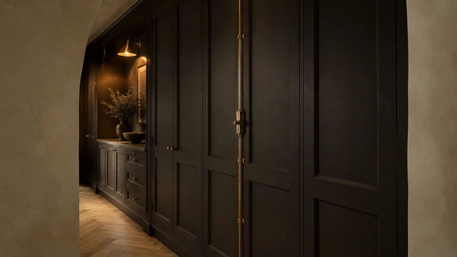 Dark brown paneled cabinets with tall doors, brass cremone bolt hardware, herringbone wood floors, and a lit wall sconce.
