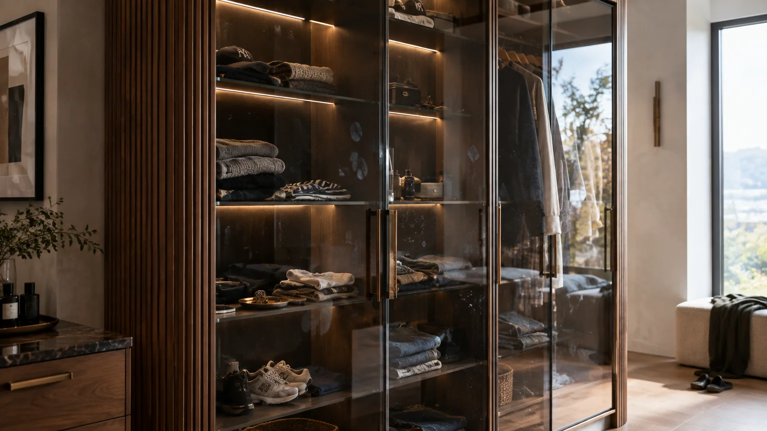 Illuminated glass-door closet with wooden fluted trim, displaying folded clothes and shoes behind smudged glass panels.