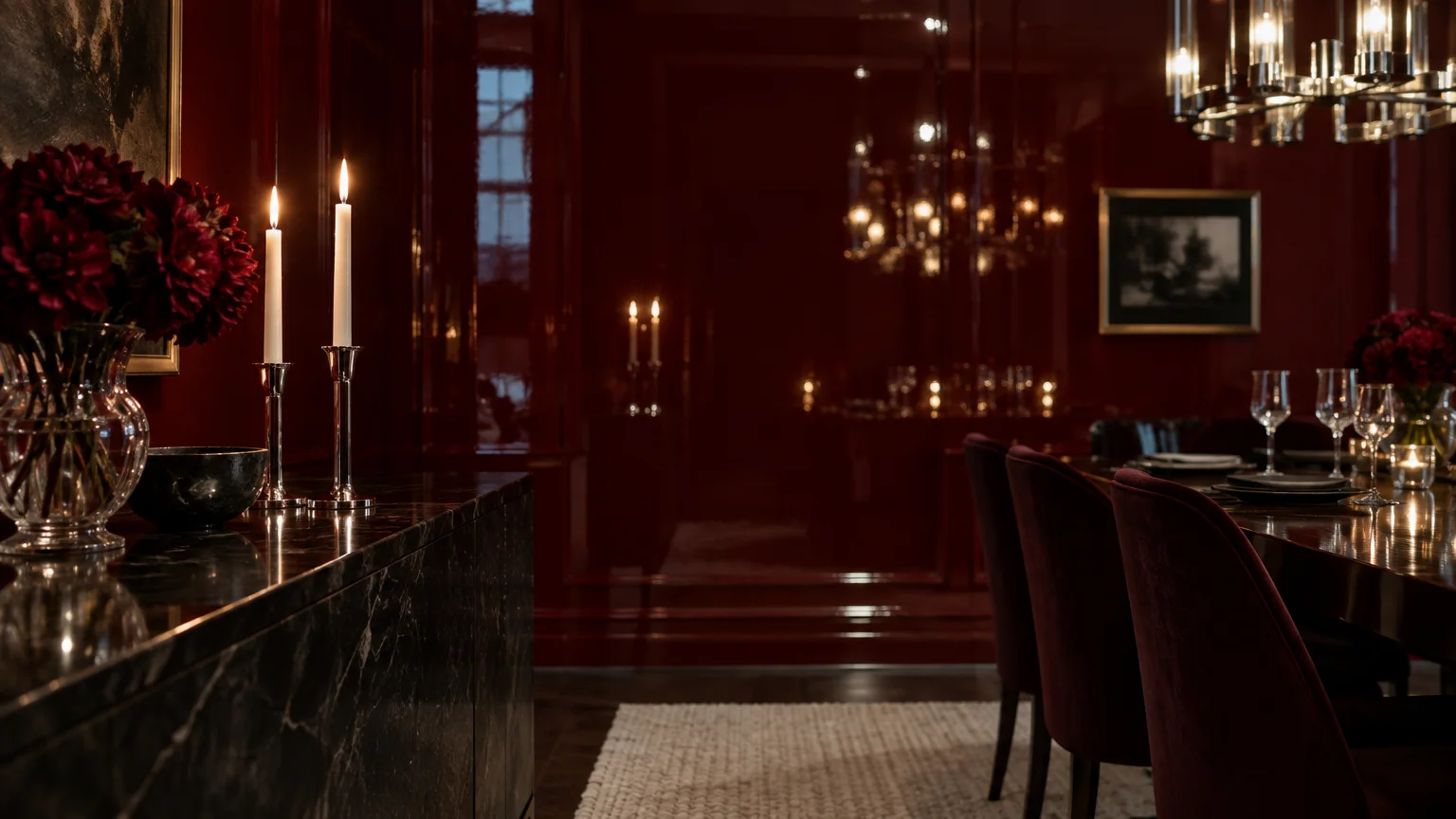 Formal dining room with glossy dark red walls, candlelight, a black marble sideboard, and chairs around a set table.