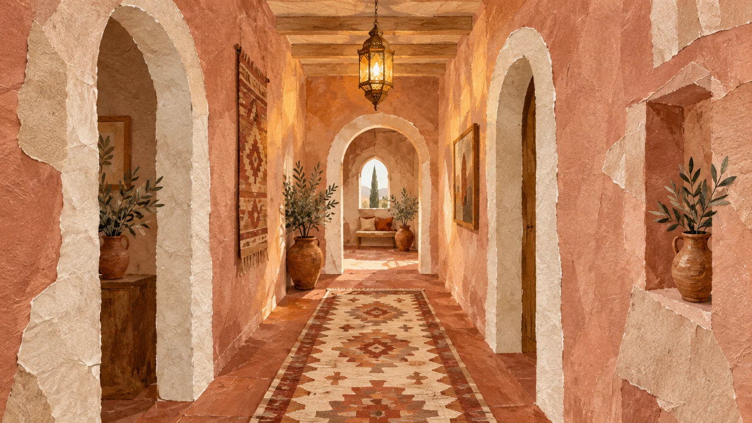 Illustration of an arched hallway with textured pink-terracotta plaster walls, terracotta tile floors, and a runner rug.