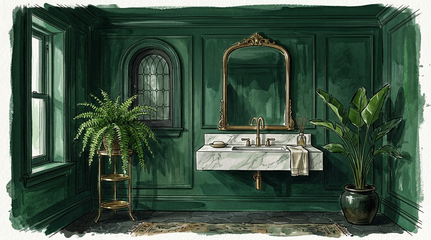 Watercolor illustration of a deep green bathroom with a marble vanity, gold mirror, potted fern, and tropical plant.