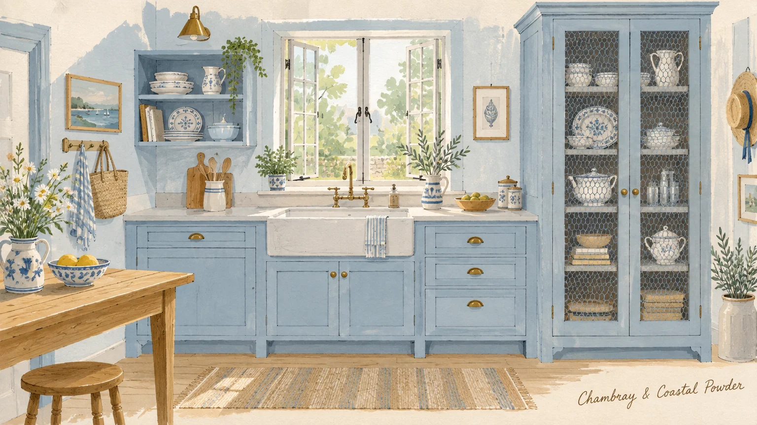 Watercolor illustration of a rustic kitchen with light blue cabinets, apron sink, wooden table, and wire-front pantry.