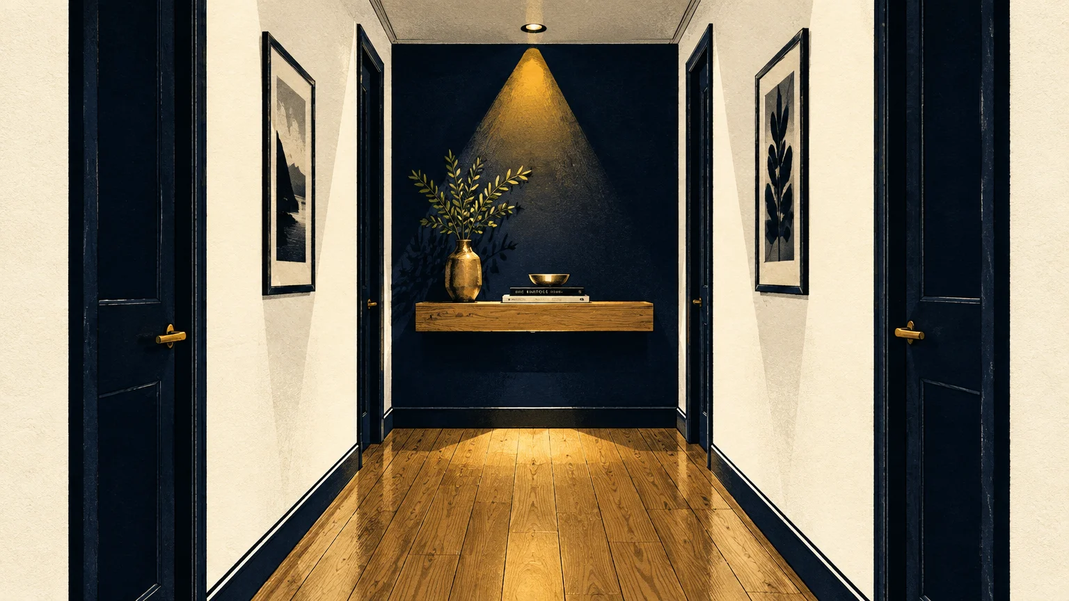 Hallway illustration with white walls, dark navy doors and trim, a dark accent wall, and a spotlight over a shelf.