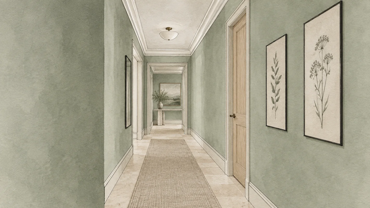 Illustration of a long hallway painted muted sage green with botanical wall art, a neutral runner, and a light wood door.