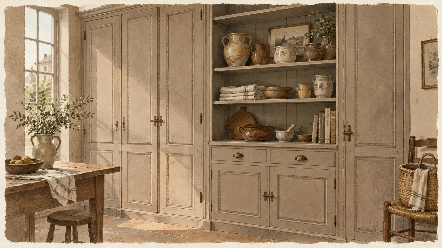 Illustration of warm taupe built-in kitchen cabinetry and open shelving filled with ceramic vessels and cookware.