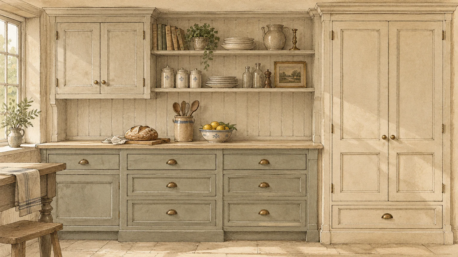 Architectural illustration of a rustic kitchen with cream and muted green cabinetry, open shelves, and pottery.