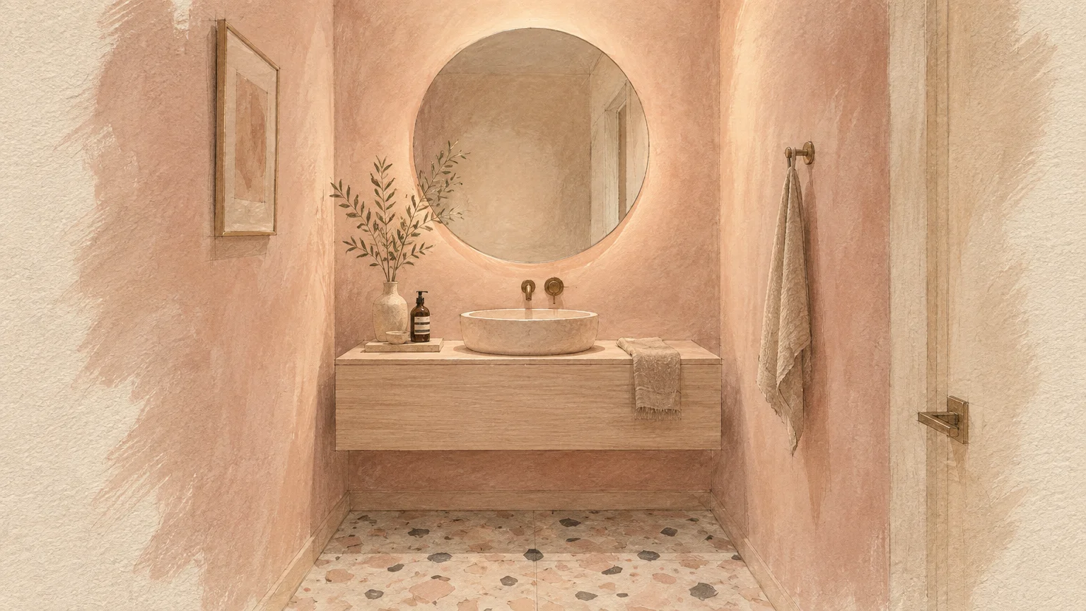Illustration of a bathroom vanity with a round backlit mirror, stone vessel sink, and textured peach-pink walls.