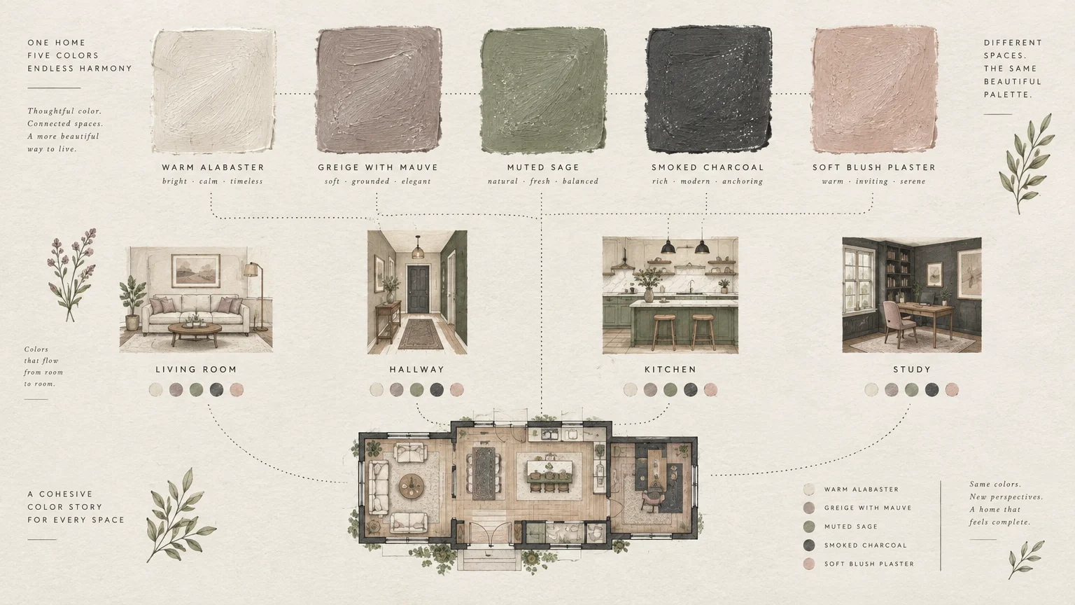 Illustrated home color palette diagram linking paint swatches to room sketches and a floor plan.