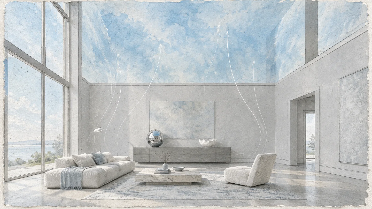 Illustration of a modern living room with gray walls, low furniture, and a sky-painted ceiling with upward curved arrows.