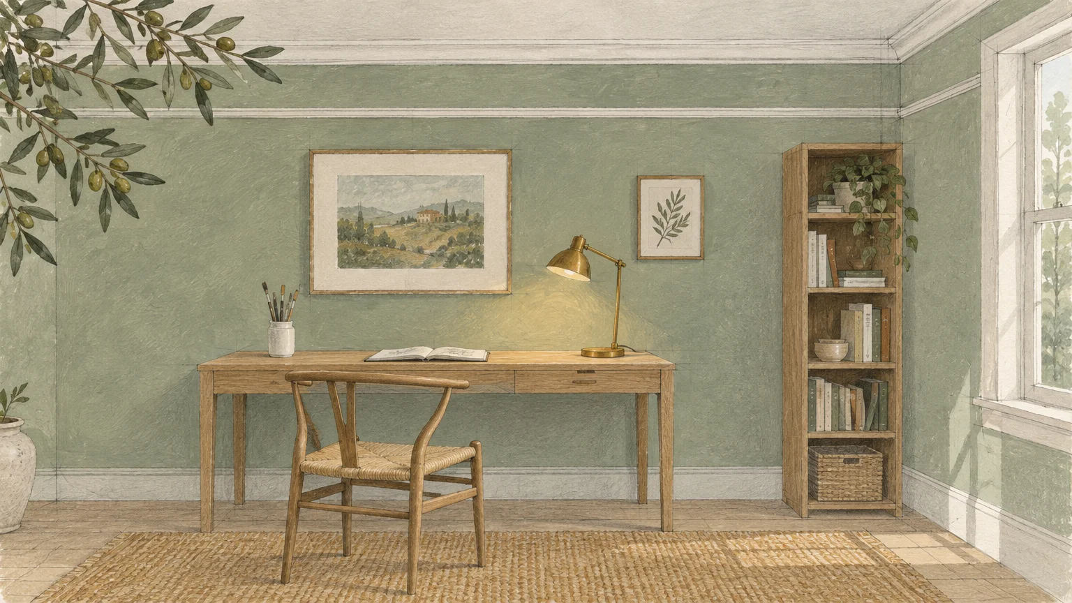 Illustration of a sage green room with white trim, a wooden desk, wishbone chair, lamp, and bookshelf.