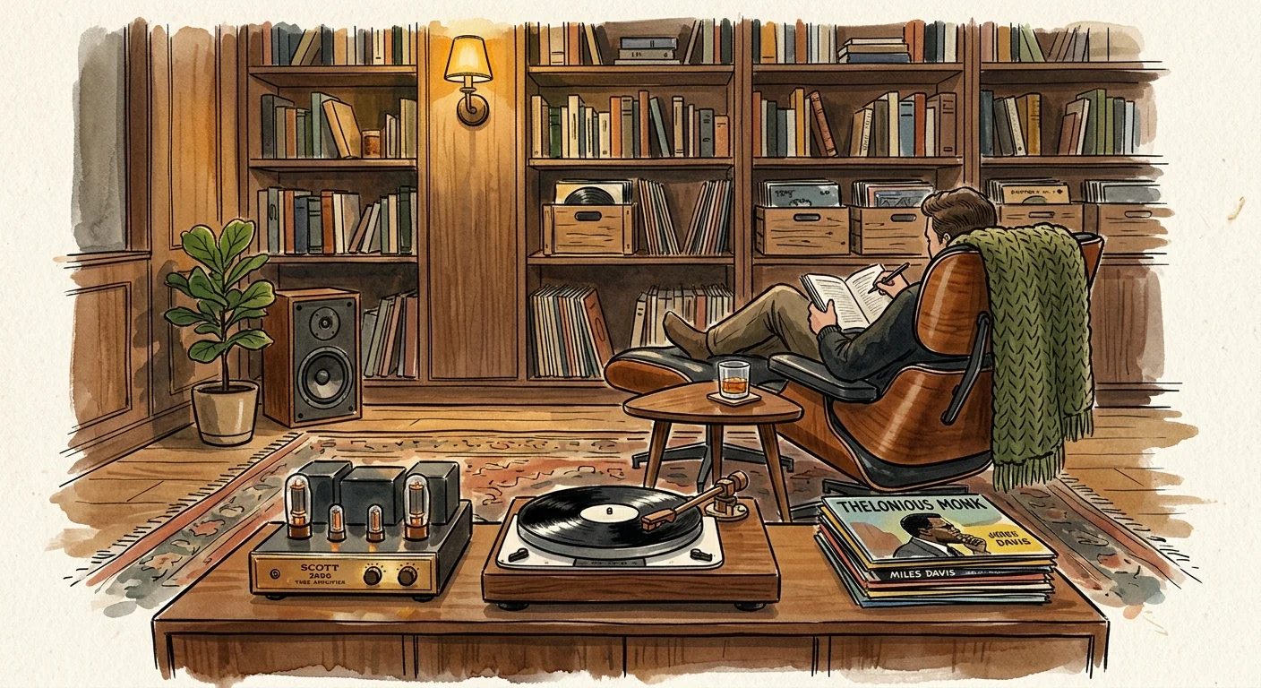 A man reading in a lounge chair surrounded by floor-to-ceiling bookshelves, vinyl records, and a turntable setup.