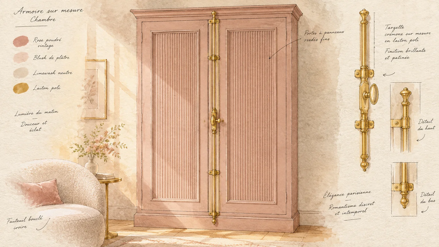 Dusty rose fluted armoire with brass cremone bolt hardware, flanked by a bouclé chair and latch detail sketches.
