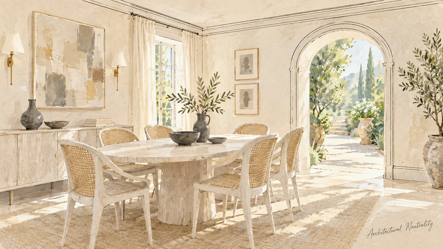 Illustration of a formal dining room with an oval stone table, woven chairs, textured neutral walls, and an arched doorway.