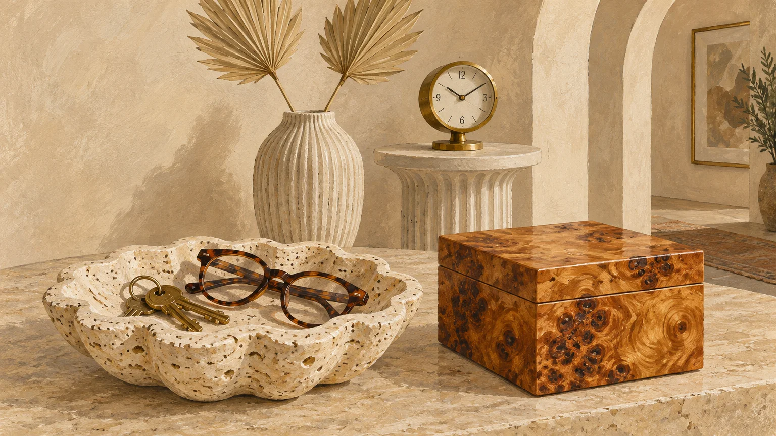 Gouache painting of a carved travertine catchall holding glasses and keys beside a burl wood box on a stone table.