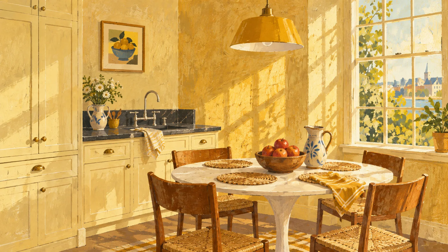 Illustration of a sunlit kitchen and dining room bathed in warm yellow, with wooden chairs around a round table.