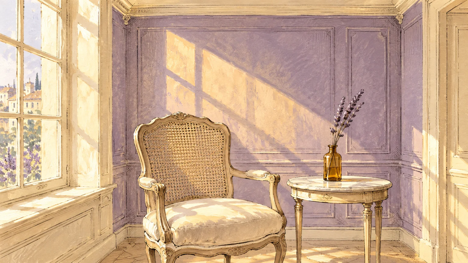 Illustration of a sunlit room with dusky lavender paneled walls, cream trim, an armchair, and lavender sprigs on a table.
