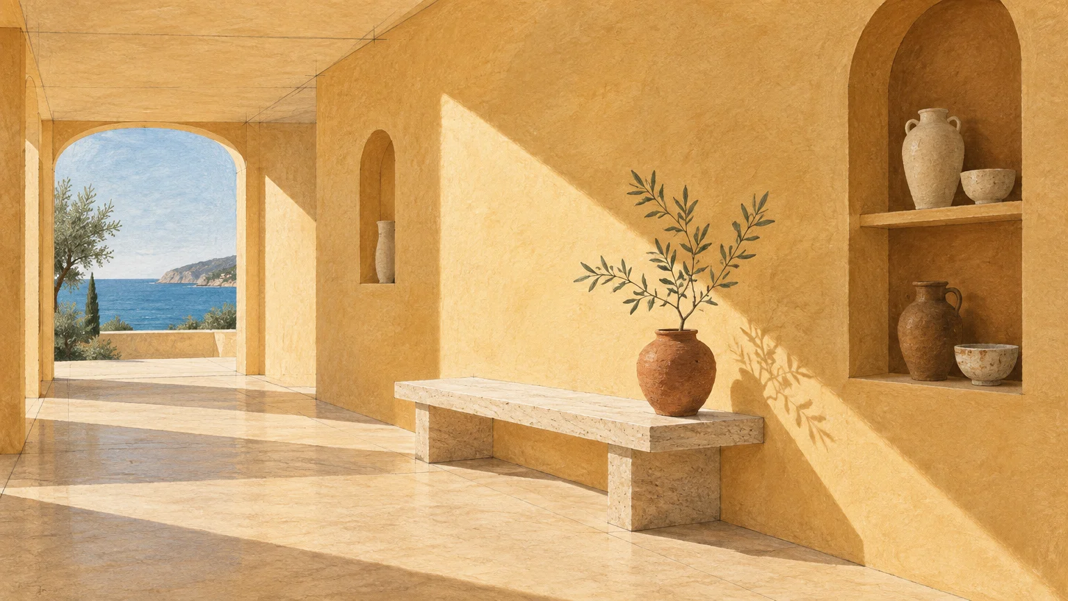 Illustration of a sunlit yellow corridor with arched openings, ceramic pottery in niches, and a coastal sea view.